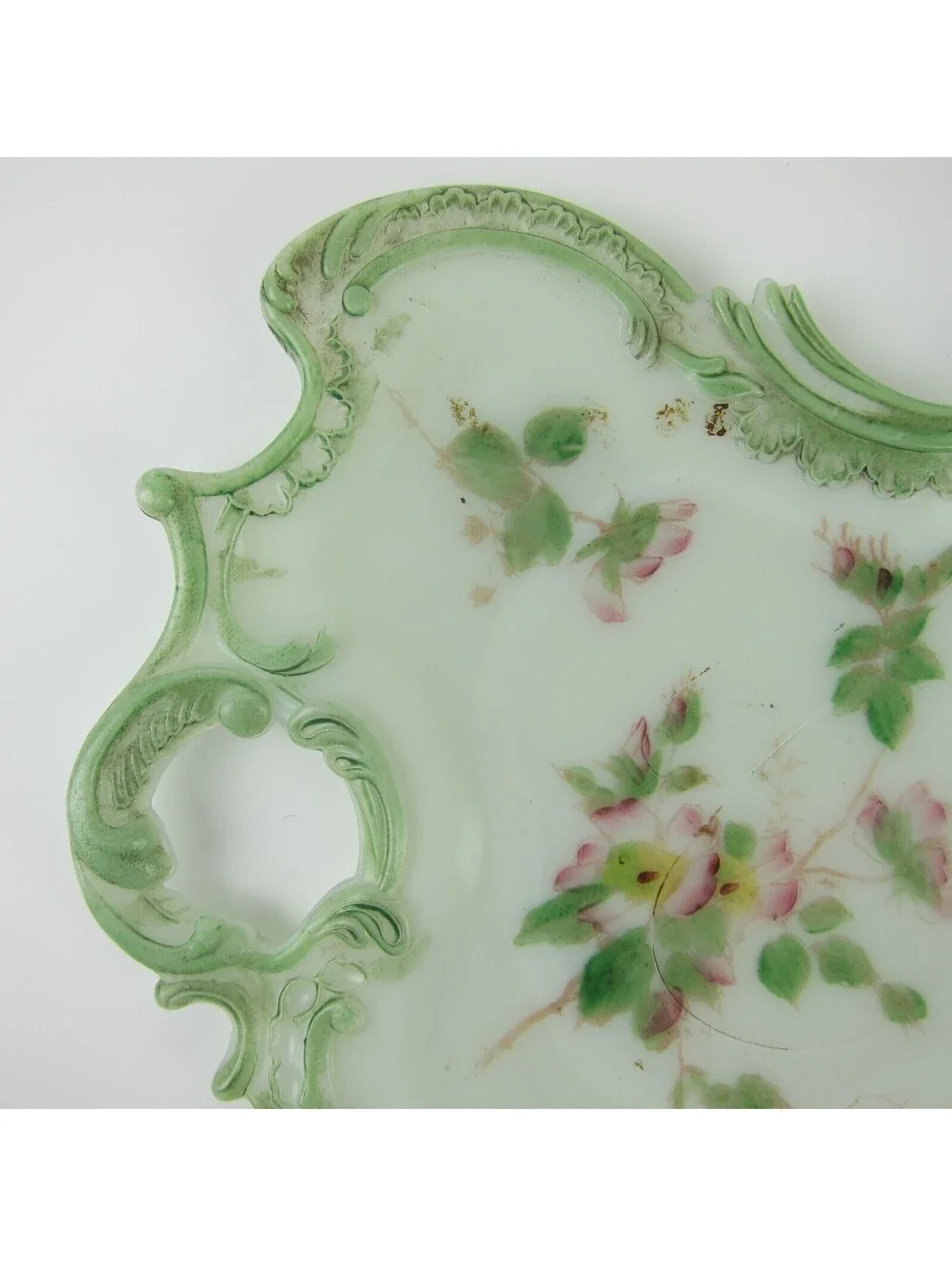 Vintage Milk Glass Vanity Tray / Candy Dish Green & Pink Flowers Open Handle